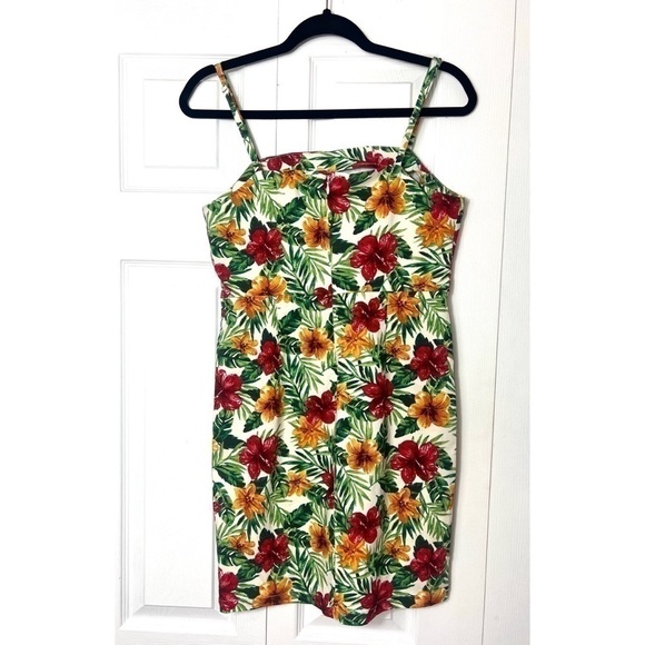 Forever 21 Green Red Hawaiian Floral Tropical Bodycon Tank Mini Dress Size Large - Picture 3 of 5